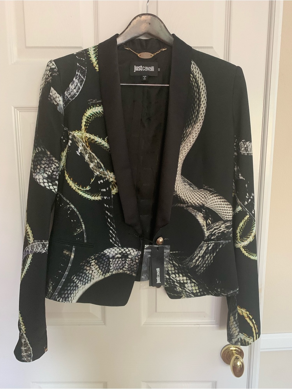 NWT JUST CAVALLI Tuxedo Blazer: Women's Black w/Snake Print, Gold Button, EU 48